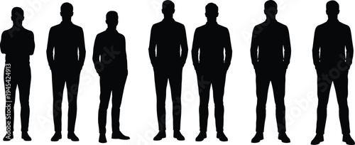 Silhouettes of confident male business professionals, standing in a line with various poses, representing diversity in the corporate workplace