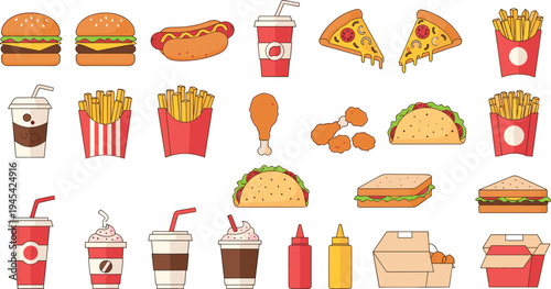 Fast Food Icon Collection with Burgers Fries Hot Dog Pizza Tacos Fried Chicken Sandwiches and Soft Drinks Vector Set