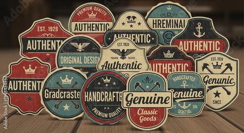 Collection of Vintage Authentic Genuine Labels and Badges.
