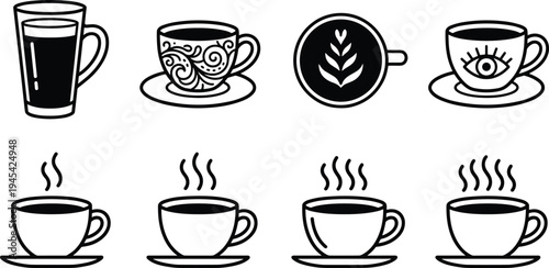 Set of Coffee Cups and Mugs with Different Designs, including Latte Art, Decorative Patterns, and Steaming Hot Coffee for Cafes, Beverage Shops, and Illustrations