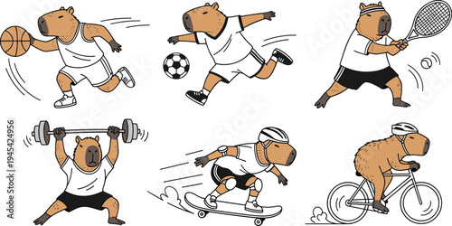 Active Bear Characters in Various Sports, Including Basketball, Soccer, Tennis, Weightlifting, Cycling, and Skateboarding for Fitness Illustrations
