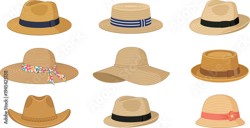 Straw Hats Set Vector Collection | Various Summer Hat Styles Illustration