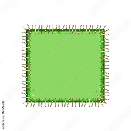 Green square fabric patch isolated on white background, featuring a decorative border of hand drawn stitches, ideal for concepts of repair and customization