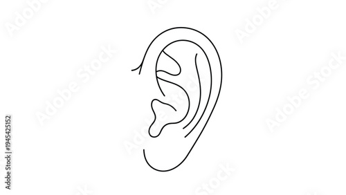 Simple line drawing of a human ear illustrating the anatomy of the outer ear structure for medical, hearing health, and sensory perception themes.
