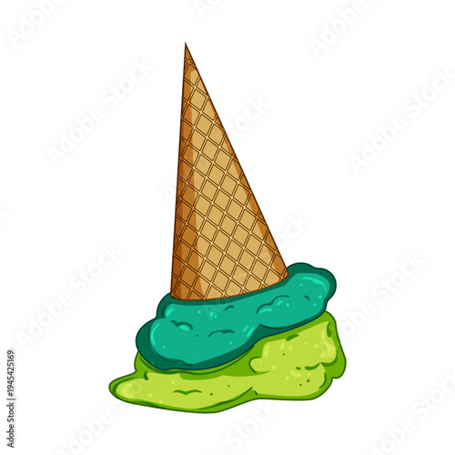 Fallen waffle cone with two green and teal scoops melting into a sticky puddle on white background summer oops moment, sweet spill and colorful dessert mishap