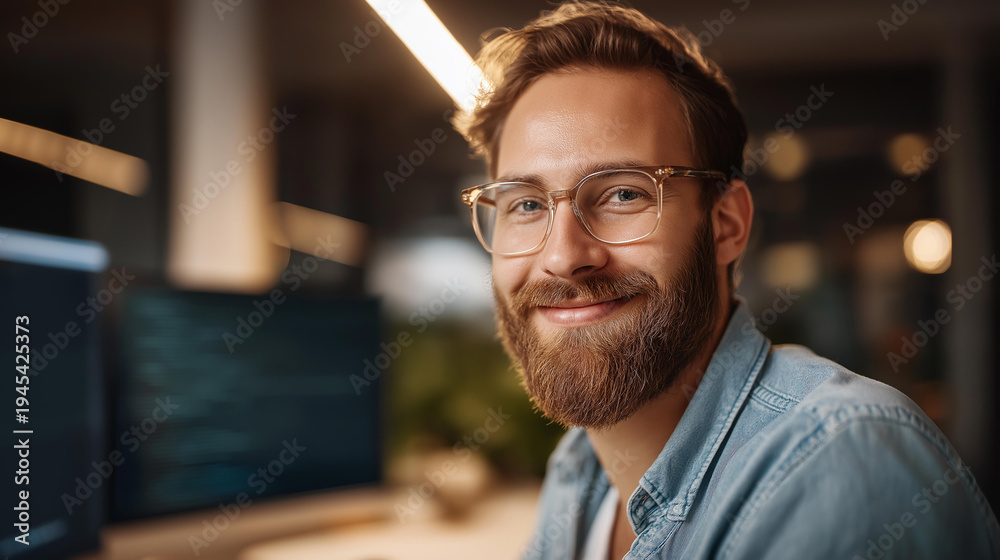 Obraz premium Faceless young bearded male programmer with glasses working at a computer with code on screen, warm workspace lighting, defocused office behind, bearded developer, glasses programmer, smiling