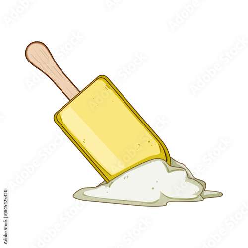 Yellow popsicle melted on its side, dripping into a sticky puddle on the ground, evoking hot summer heat, childhood treats, and a messy, accidental moment