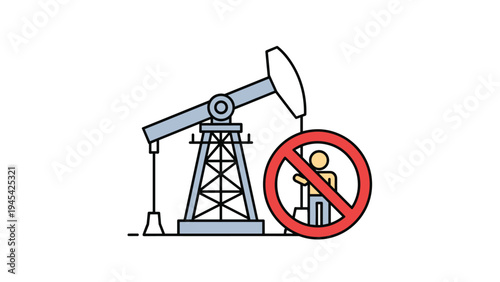 Oil production pumpjack with a human silhouette inside a red forbidden sign representing safety zones or opposition to traditional fossil fuel energy.