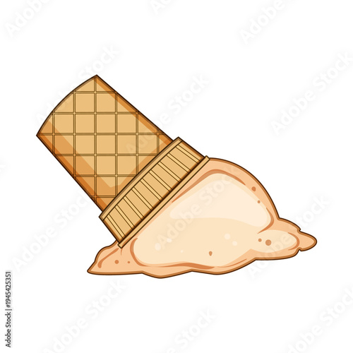 Ice cream scoop fallen from a waffle cone, melting into a sticky puddle on white background, conveying accident, mess, childhood disappointment and summer snack gone wrong