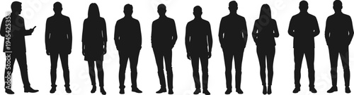 Silhouettes of diverse business people standing in a line, representing a mixed team of professionals in different poses and styles