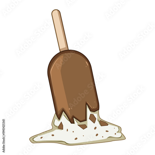 Melting chocolate coated vanilla ice cream bar on a wooden stick lying on a white surface, creating a creamy puddle dropped treat, summer mess, indulgent sweet snack