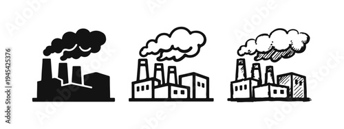 Industrial Factory with Smoke Icon Set for Pollution and Production Concepts