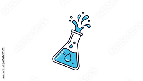 Laboratory conical flask tilts to one side with vibrant blue liquid splashing out of its top against a clean white backdrop.