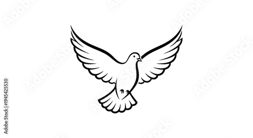 Flying white dove line art illustration, a powerful symbol of peace, freedom, hope, and purity, representing spirituality.