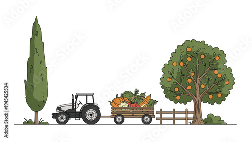 Farm tractor pulls a wooden trailer overflowing with harvested pumpkins and vegetables past a tall cypress and an orange tree.