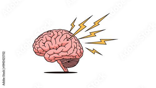 Detailed anatomical illustration of a human brain with several bright yellow lightning bolts to represent power or headache pain.