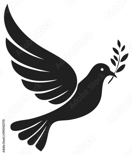 Dove flying with olive branch symbolizing peace and hope. Vector illustration showcasing freedom and tranquility. Isolated bird icon.