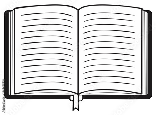Open blank notebook with lined pages and bookmark illustration
