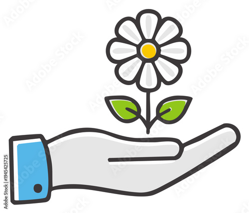 Daisy Held in Hand Simple Line Art Illustration for Ecology, Green Energy and Growth Concepts