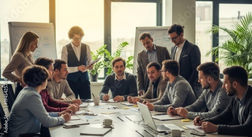 Collaborative Team Meeting on Business Strategy with Engaged Participants in a Modern Office Setting Filled with Natural Light