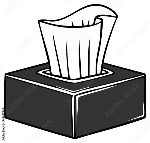 A black tissue box with white paper tissues peeking out illustrating cleanliness and convenience