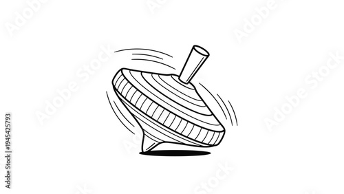 Classic wooden spinning top toy is shown in motion with circular blur lines against a plain white background for nostalgic fun.