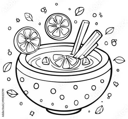 Warm Winter Drink with Citrus Slices and Cinnamon Sticks in a Decorative Bowl