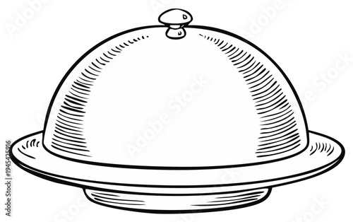 Hand Drawn Illustration of a Vintage Food Cloche with Knob on a Plate
