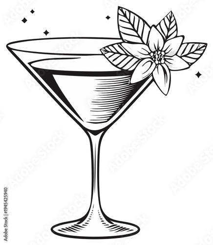 Stylish martini glass drawing with elegant flower and leaf garnish and subtle sparkle elements