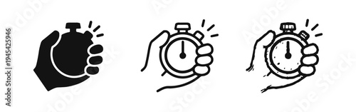Hand holding stopwatch icon set. Time management, deadline, speed, and countdown symbols in solid, line, and doodle styles.