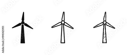 Wind turbine icon set. Sustainable energy, renewable power, and clean electricity symbols in solid, line, and doodle styles.