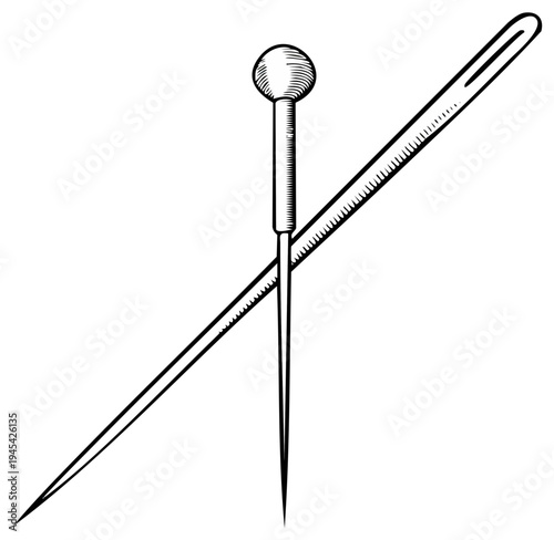 Sketch illustration of a sewing needle and pin for fabric craft projects