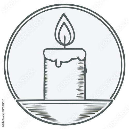 Simple Line Art Icon of a Burning Candle in a Circle with a Textured Plate