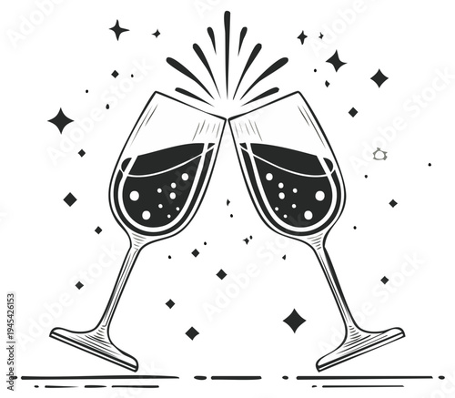 Sparkling celebration with clinking champagne glasses and stars