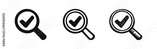 Magnifying glass with checkmark icon set. Search, verify, approval, and quality control symbols in solid, line, and doodle styles.