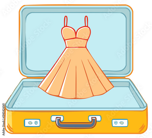 Orange dress inside an open yellow suitcase, travel concept, cartoon style illustration.
