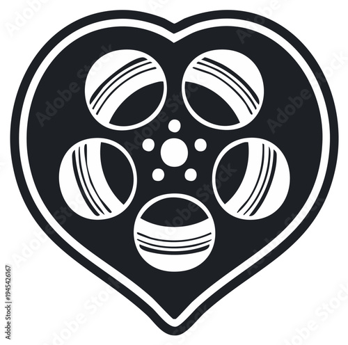Vector icon of a film reel inside a heart. Symbol of love for cinema, movies, and filmmaking.