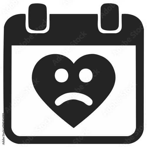 Sad heart on calendar page. Minimalist icon of a calendar with a heart. Symbol of a broken relationship, lost love, or Valentine's Day sadness.