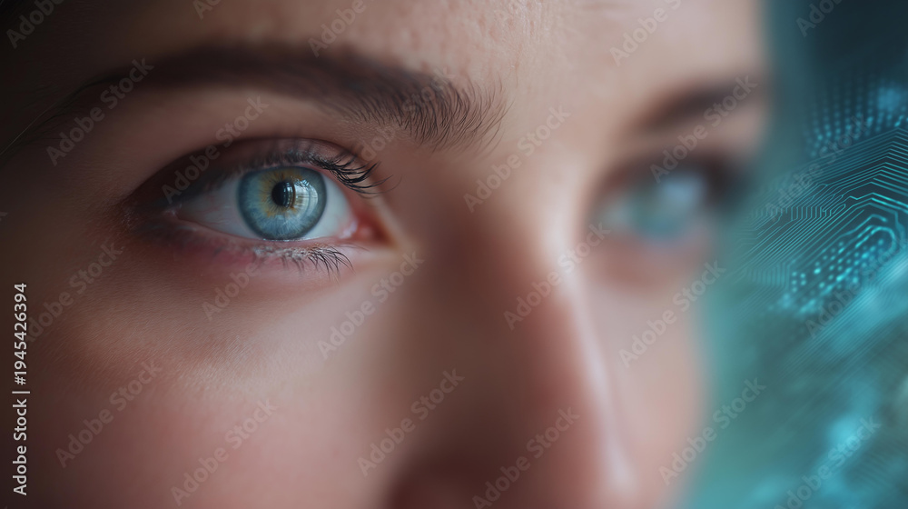 Fototapeta premium Close-up of a woman's eyes reflected in a digital abstract background of glowing electronic circuit patterns, defocused circuit textures, technology eyes concept, electronic circuits, digital