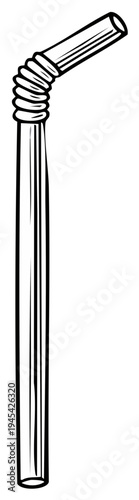 Monochrome Illustration of a Bendy Drinking Straw with Grooved Flexible Section