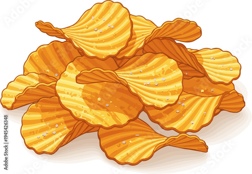 Create a realistic Pile of golden rippled potato chips crispy snack food for party and picnic vector art with white background..