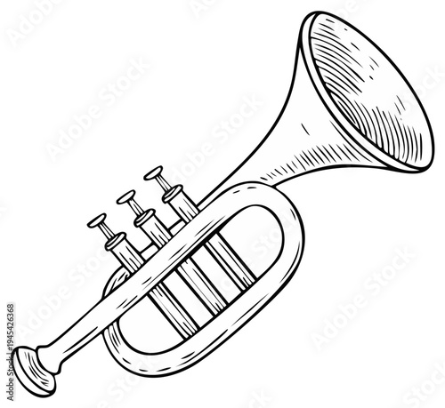 Line art illustration of a brass trumpet with three valves and a bell