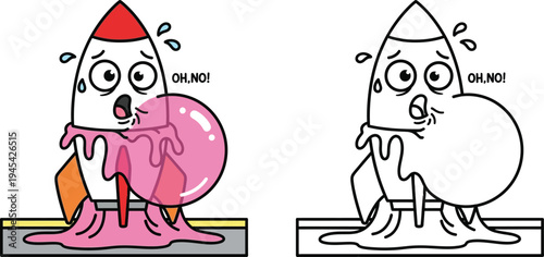 Distressed Cartoon Rocket with Exploded Bubble Gum and Oh No Text Coloring Page