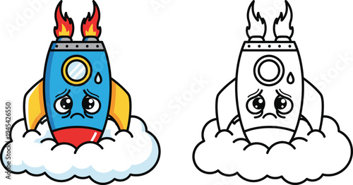 Sad Cartoon Rocket with Fire and Smoke on Cloud Coloring Page