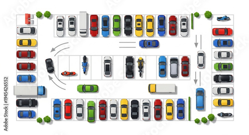Aerial View Of A Crowded Parking Lot With Many Cars.