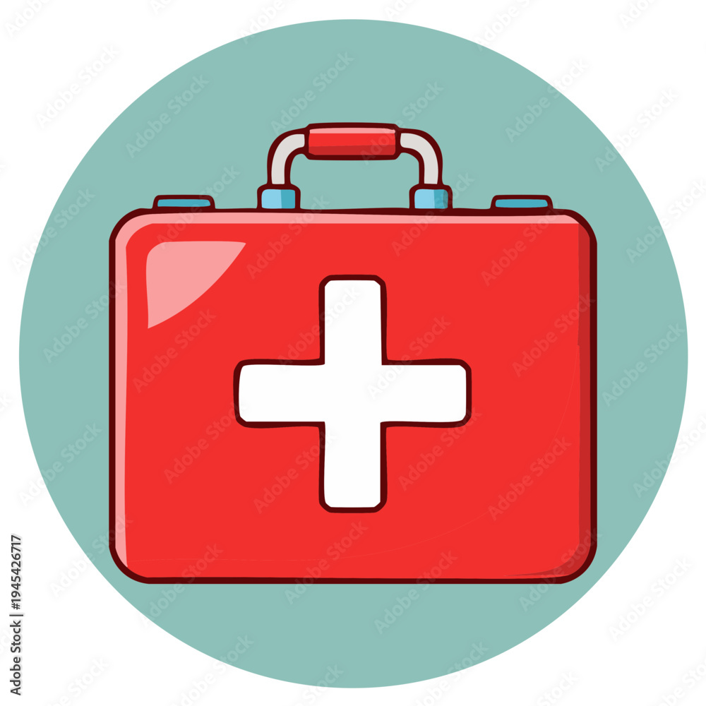 Fototapeta premium Red First Aid Kit with White Cross on Round Background Emergency Preparedness