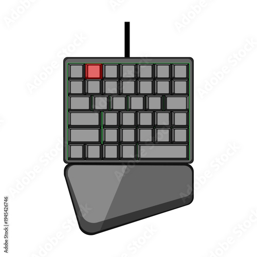 Gaming keyboard keypad featuring a red highlighted key, a green led outline, and an ergonomic wrist rest, indicating a focused and immersive gaming experience