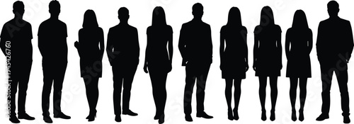 Silhouettes of diverse business professionals standing in a group, representing a mixed corporate team with various poses and styles