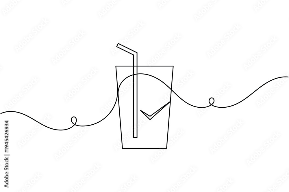 Obraz premium Save drink glass with straw checkmark sign icon continuous one line drawing on white background minimalist approved beverage tick symbol outline vector illustration