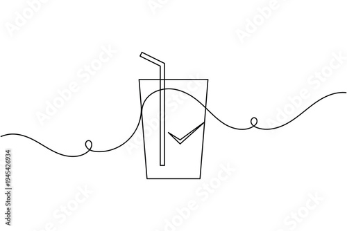 Save drink glass with straw checkmark sign icon continuous one line drawing on white background minimalist approved beverage tick symbol outline vector illustration